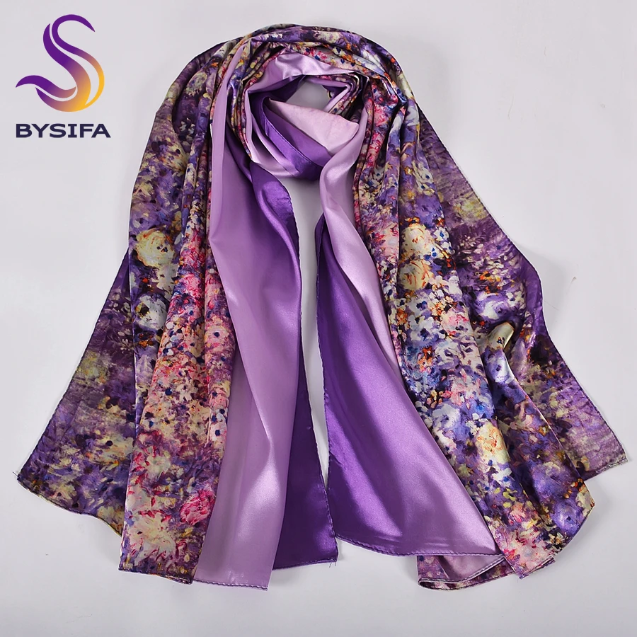 

[BYSIFA] Silk Scarf Shawl Femmes Foulard New Magnolia Design Ladies Double Faces Long Scarves Printed Beige Pink Hijabs160*70cm