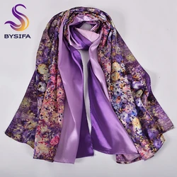 [BYSIFA] Silk Scarf Shawl Femmes Foulard New Magnolia Design Ladies Double Faces Long Scarves Printed Beige Pink Hijabs160*70cm