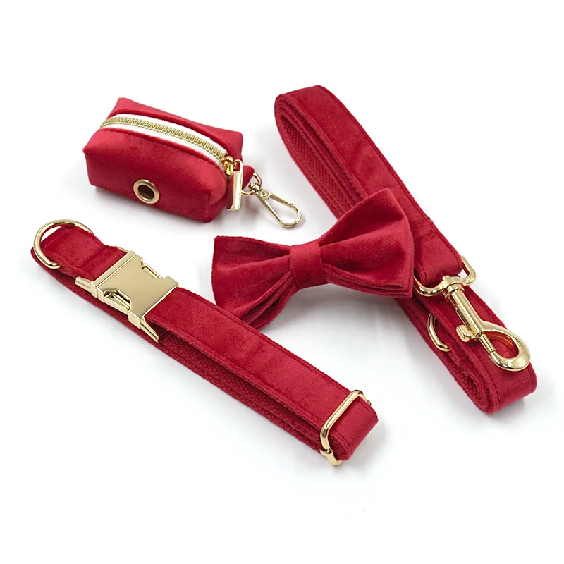 Red Velvet Dog Harness Personalized 5pcs/Set Pet Harness Bowtie Collar Leash Poop Bag Functional Dog Traction Set Custom Collar