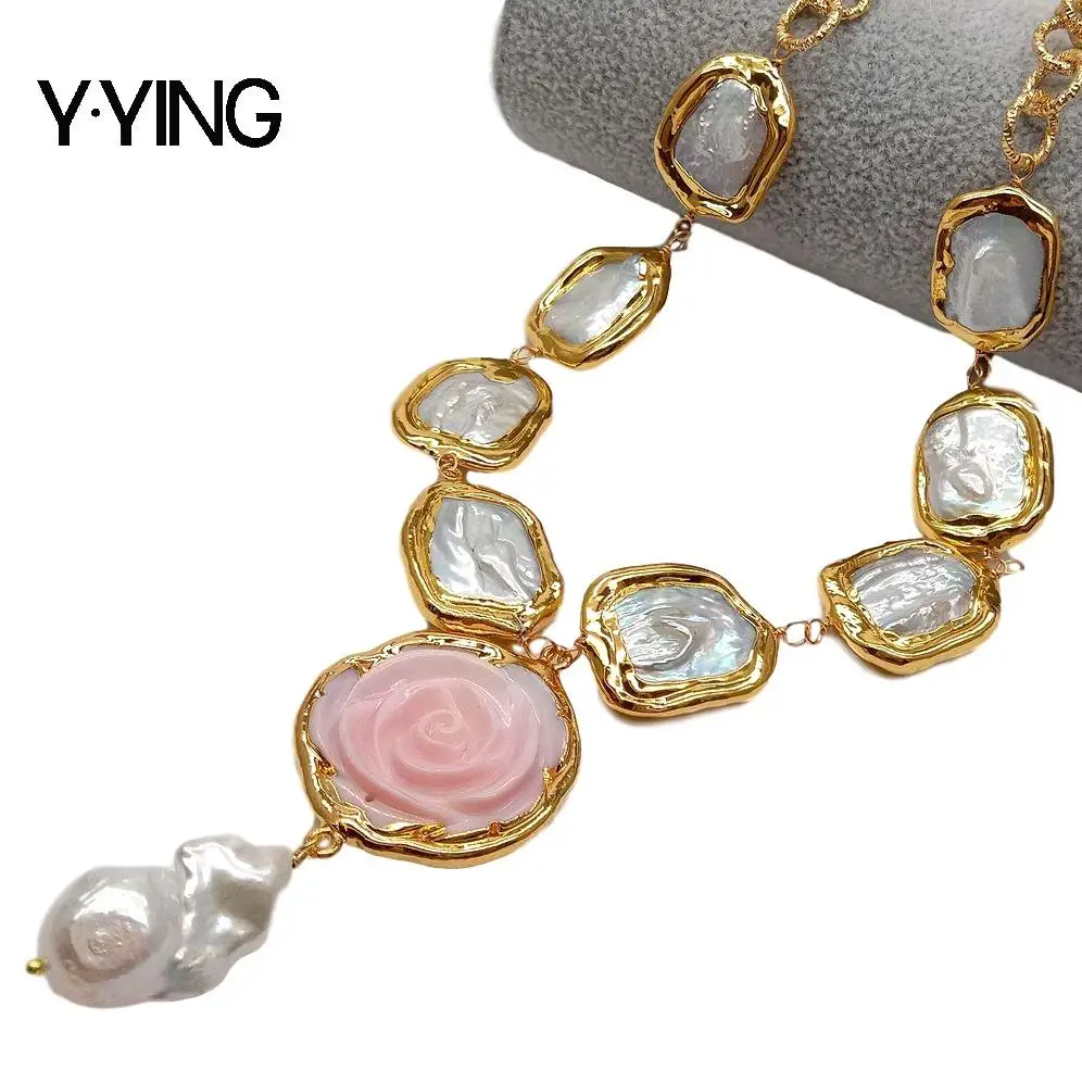 

Y·YING Cultured White keshi Pearl Necklace gold color plated Pink Queen Conch Flower Pearl pendant necklace for women 19"