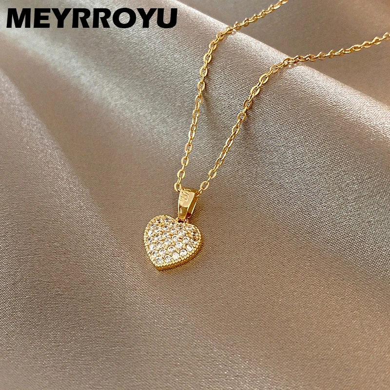 MEYRROYU Stainless Steel Love Heart Full Crystal Zircon Pendant Necklace For Women Fashion Simple Clavicle Chain Jewelry Gift