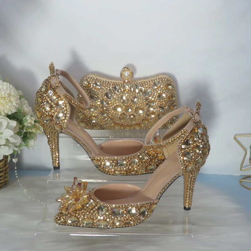 2021New Golden crystal Bridals Wedding shoes with matching bags Rhinestone high heels ankle strap women party dress shoes