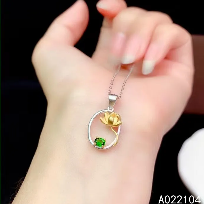 KJJEAXCMY fine jewelry 925 sterling silver inlaid Natural Diopside Women's classic popular lotus gem pendant necklace support de