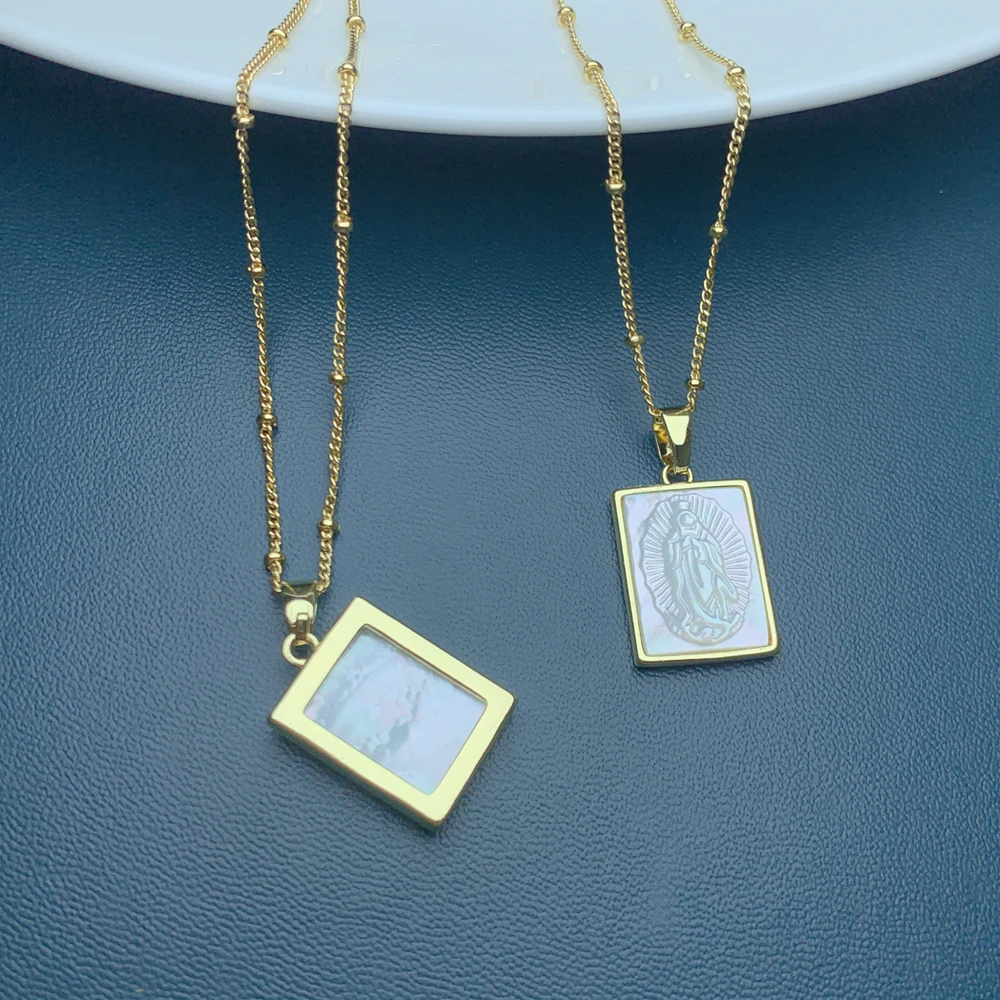 Natural Mother of Pearl Shell Guadalupe Virgin Pendant Necklace Religions Vintage Jewelry For Women