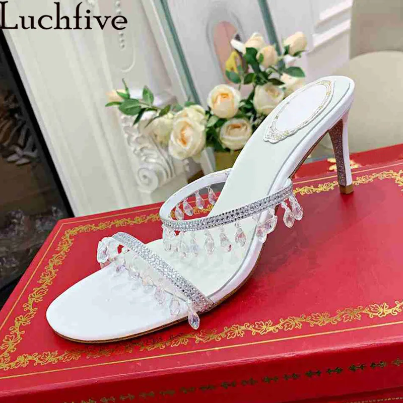 

Crystal Slippers Women Luxurious Tassel Crystal pendant High Heels Sexy Gladiator Sandals Summer Crystal Wedding Party Shoes