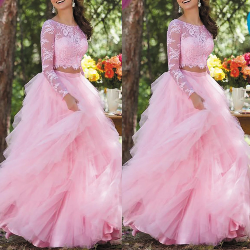 SuperKimJo Two Piece Pink Prom Dresses Vestidos De Fiesta Largos Elegantes De Gala Lace Applique Tiered Elegant Prom Gown