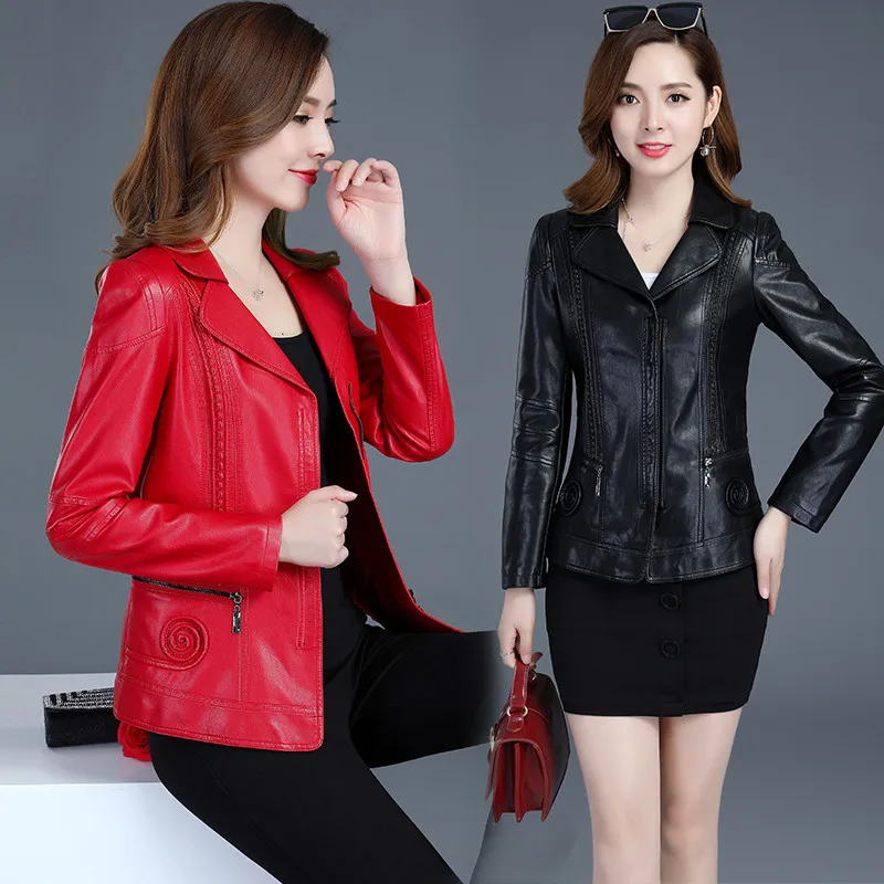 Women Clothing L-6XL Autumn Winter Middle Aged Women\'s PU Leather Jacket Coat Ladies Faux Leather Jacket Red Biker Jacket