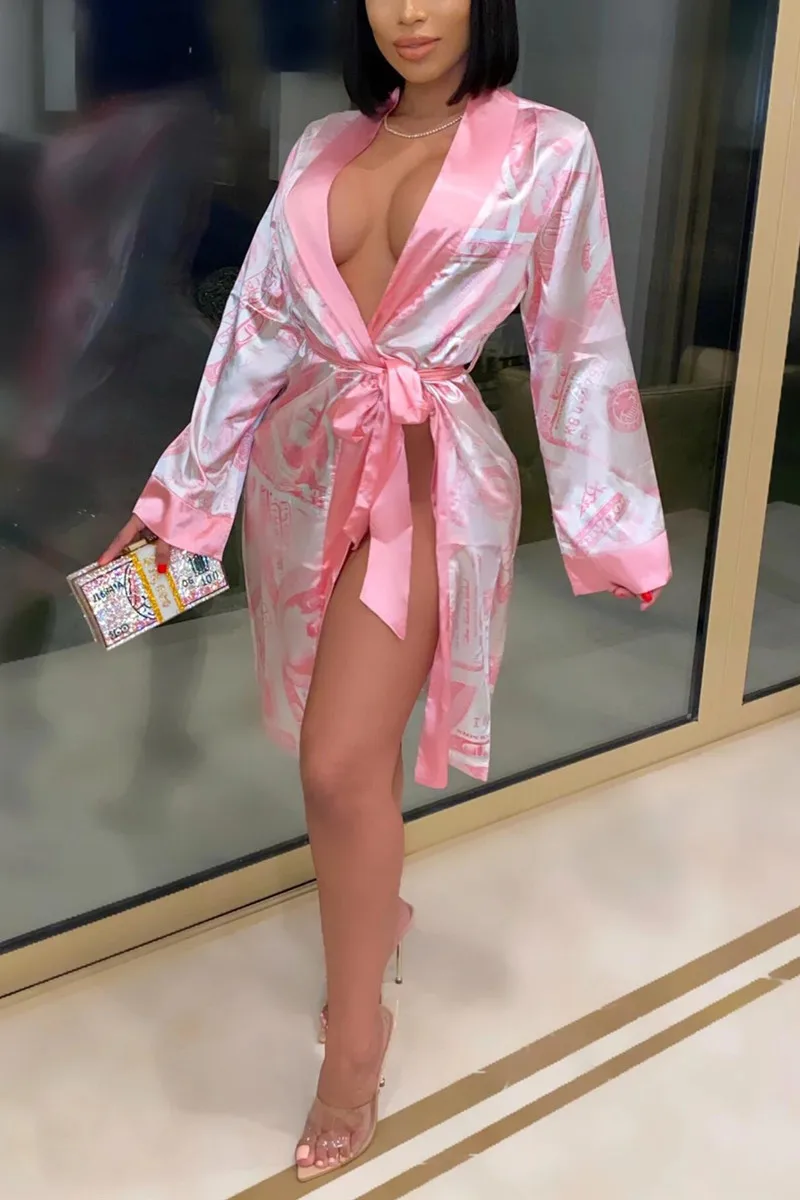 New Fashion Women Ladies Satin Silk Robes Trendy Dollar Print Long Sleeve Silky Kimono Bathrobe Sleepwear with Belt