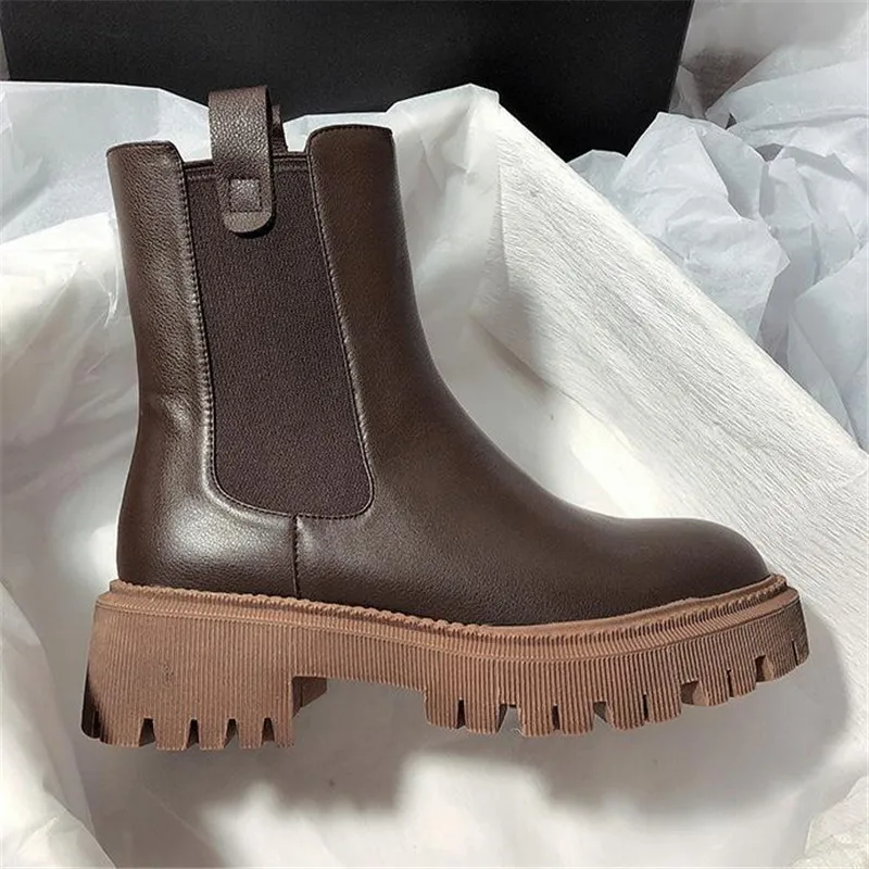 Chelsea Boots Chunky Boots Women Winter Shoes PU Leather Plush Ankle Boots Black Female Autumn Fashion Platform Booties