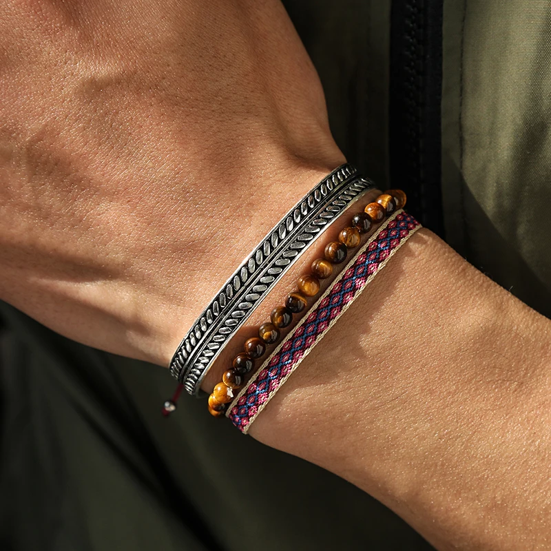 Fashion 925 Silver Plated Leaf Bracelet Bohemian Tiger's Eye Beads Bracelets Tibetan Simple Rope Chain For Men Set Jewelry Gifts