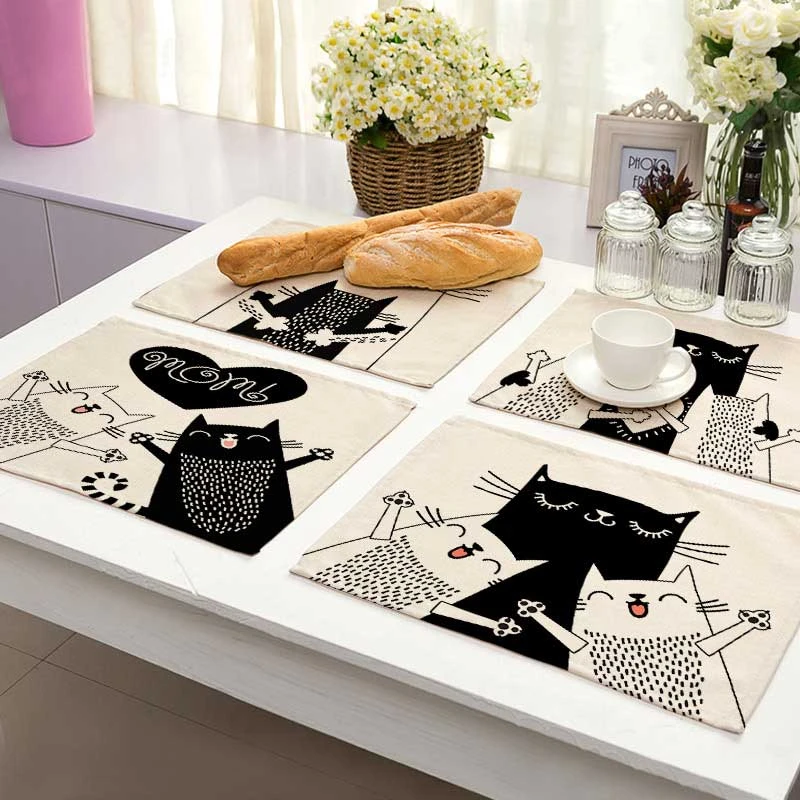 Bkack biały wzór kota Cotton Linen Pad maty stołowe Coaster miska mata na kubki wzór podkładka kuchenna Home Decor ML0016