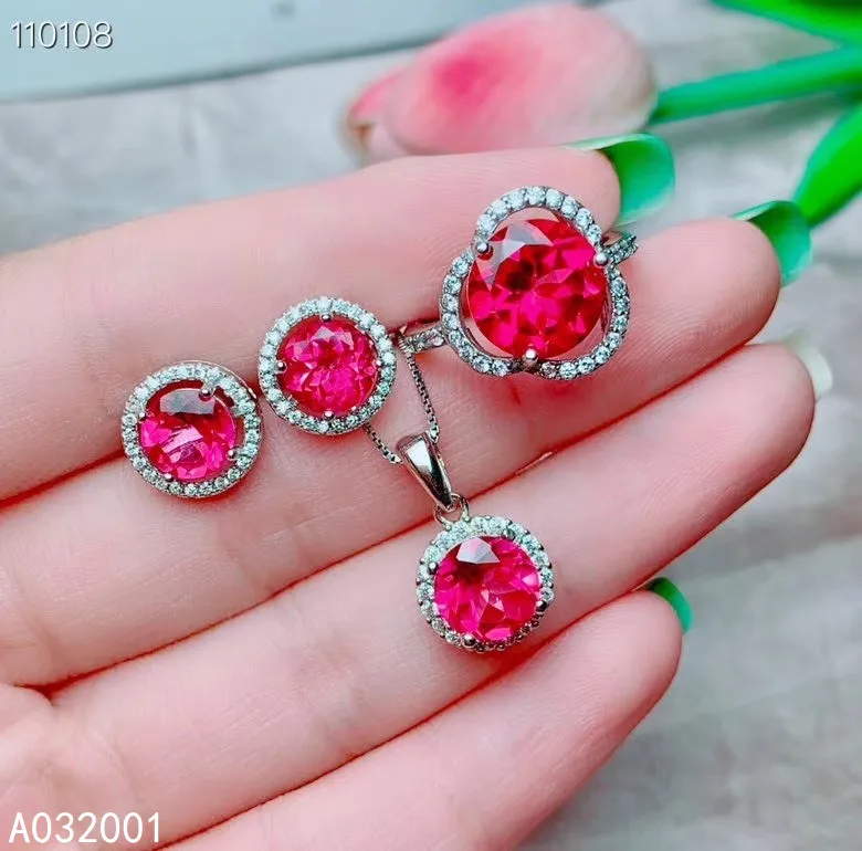 

KJJEAXCMY fine jewelry natural pink topaz 925 sterling silver women pendant necklace earrings ring set support test noble