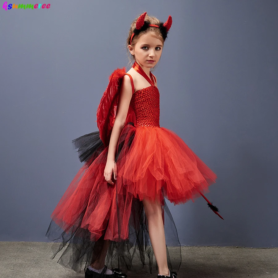 Girls Devil Witch Tutu Fancy Dress with Horns Wing Wand Red Black Bustle Halloween Costume Kids Cosplay Carnival Party Dresses