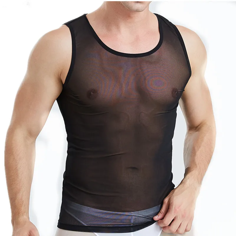 Sexy Mens Undershirts See Though Sleeveless T-shirt Breathable Bodybuilding Fitness Vest Transparent Tank Tops Sexy Men Clothes