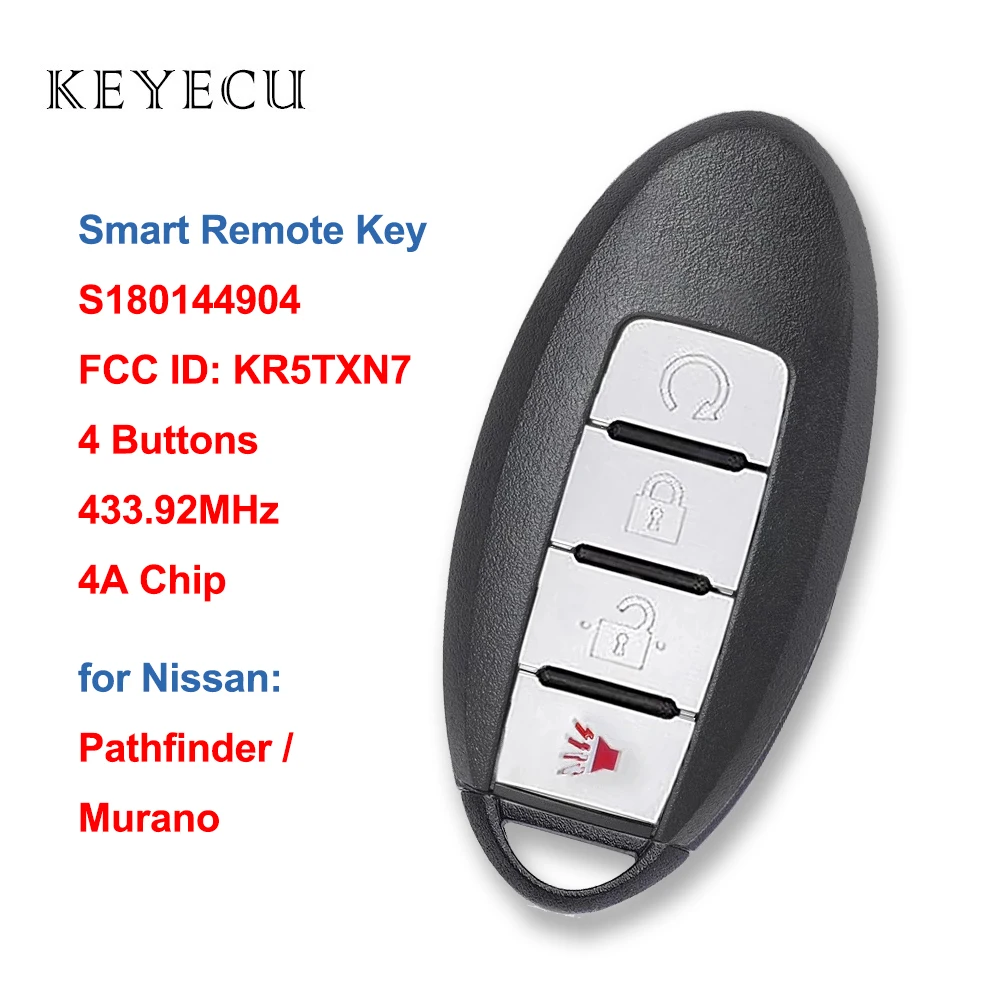 Keyecu S180144904 Smart Remote Key Fob 4 Buttons 433.92MHz 4A for Nissan Murano Pathfinder 2019 2020 FCC ID: KR5TXN7