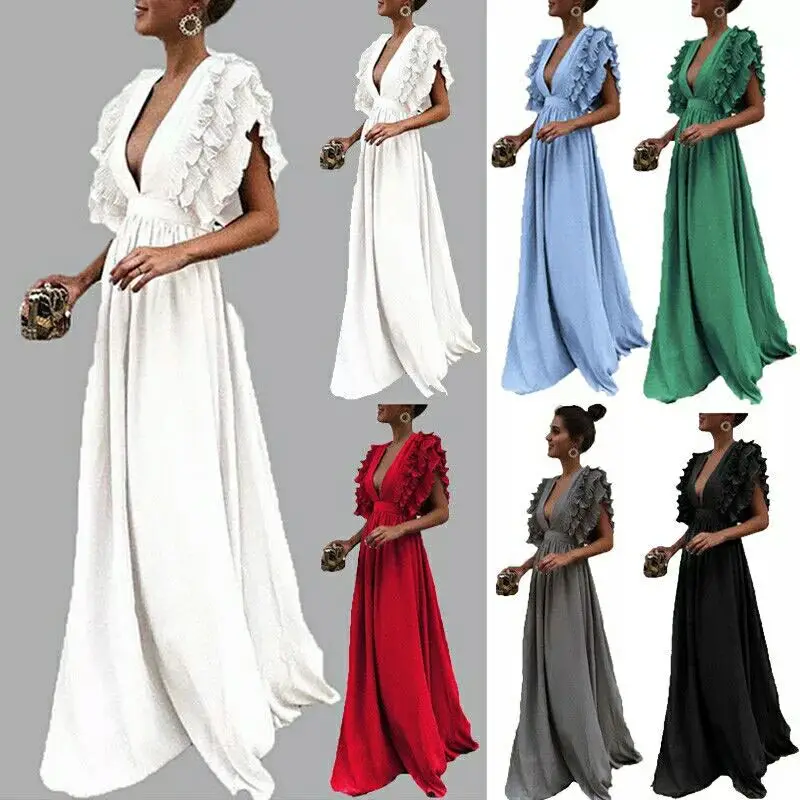 

Women Maxi Long Floor Length Solid Blue Party Dress Female 2022 Summer Autumn V Neck Short Sleeve Elegant sexy Dress kleid