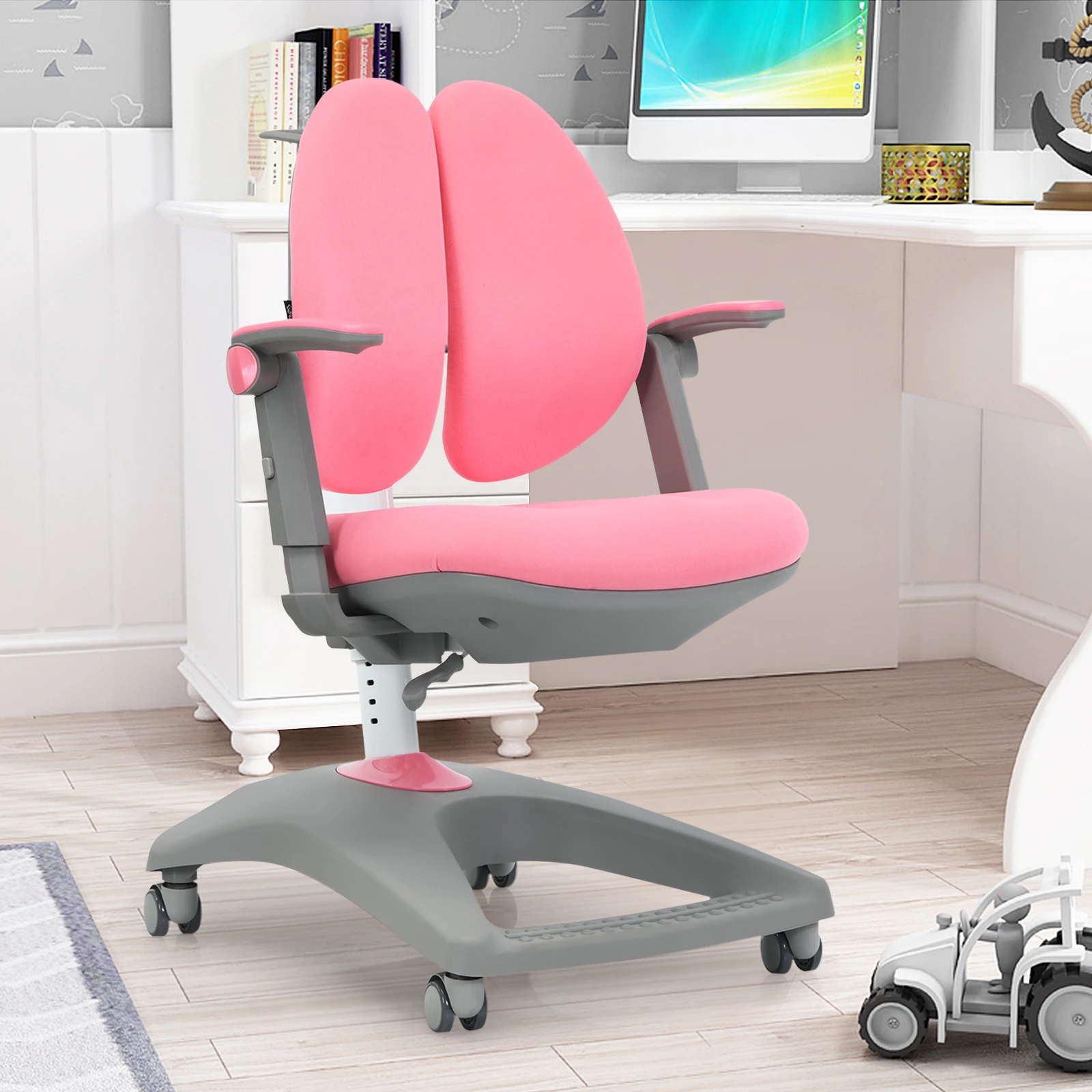 Honeyjoy sedia da studio da scrivania per bambini profondità regolabile in altezza con rotelle Sit-Brake rosa