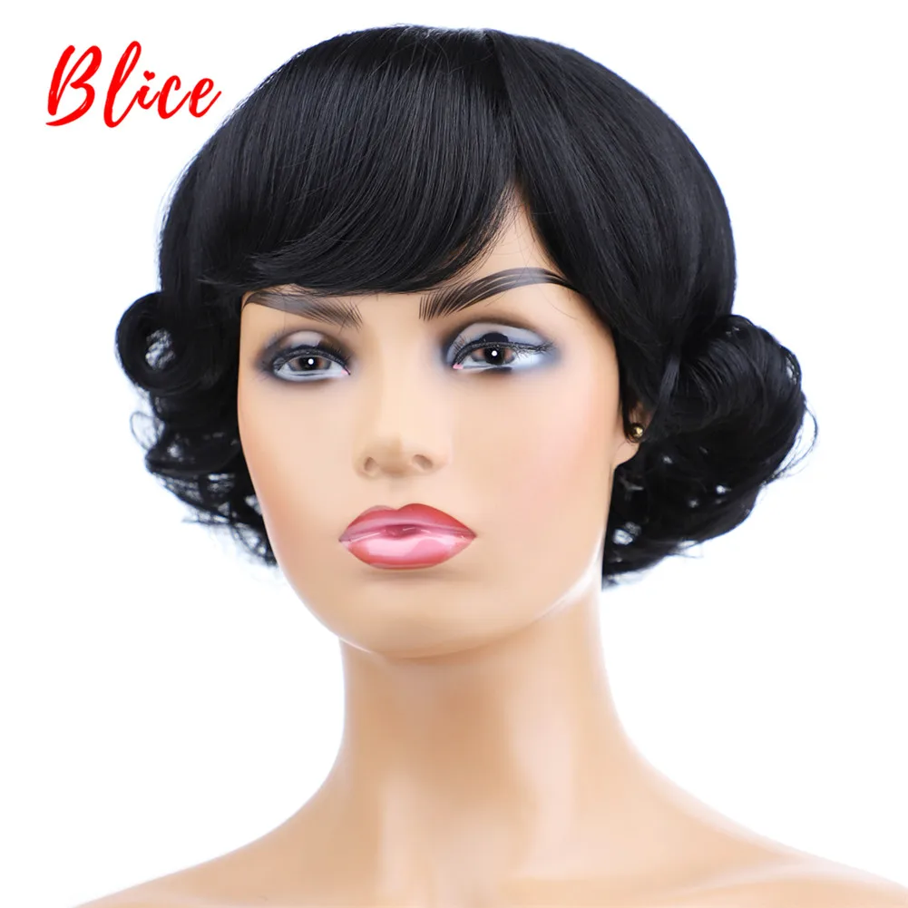 Blice Short Curly Synthetic Wigs Tail Warping Free-Bang Heat Resistant Hairstyle High Temperature For Women