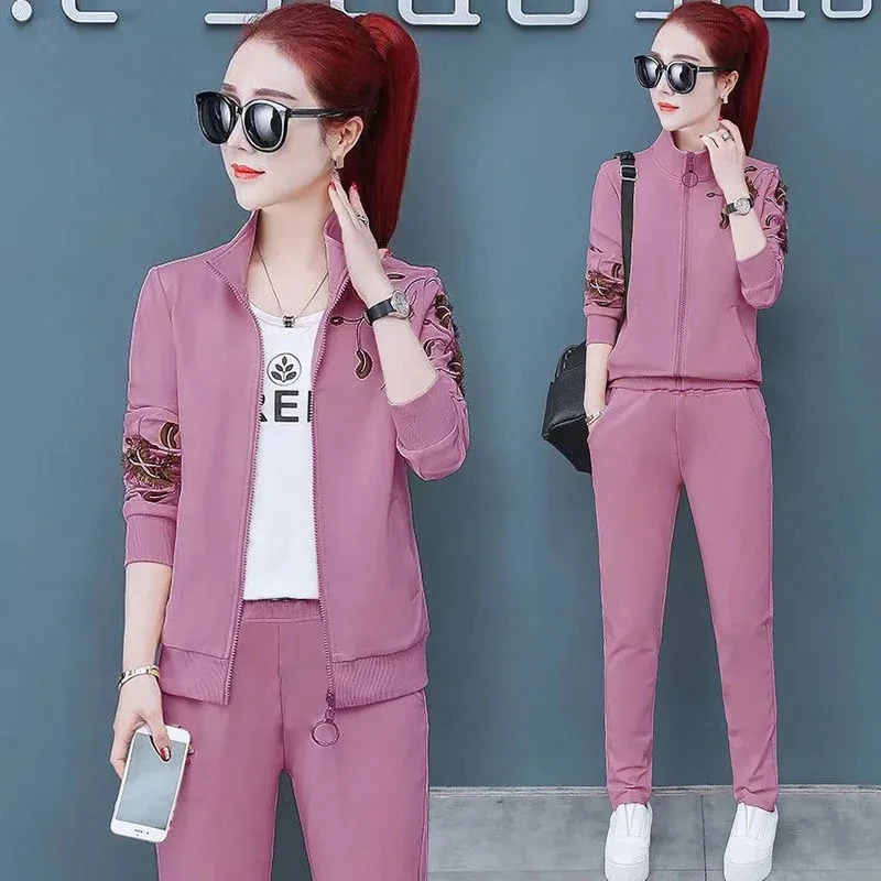 Embroidery Casual Tracksuit 3 Piece Set Women Outfits Fashion Zip Up Jacket + T-Shirt + Pants Sports Suit Ensemble Jogging Femme