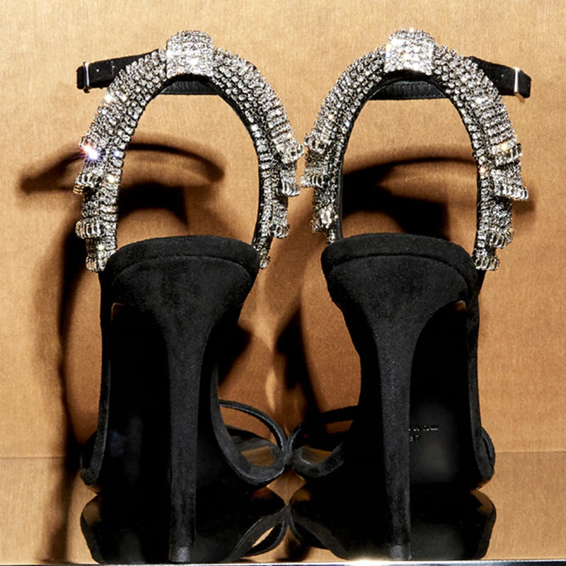 

Женские босоножки с открытым носком, летние туфли на тонком каблуке с ремешком на щиколотке, украшенные стразами