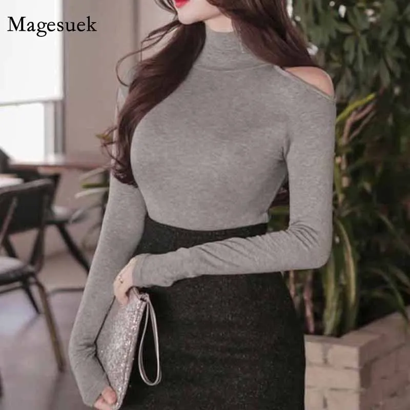 Sexy Off-shoulder Split Casual White Tops Shirt 2020 Autumn Winter New Korean Fashion Turtleneck Slim Bottoming T-shirt 12202