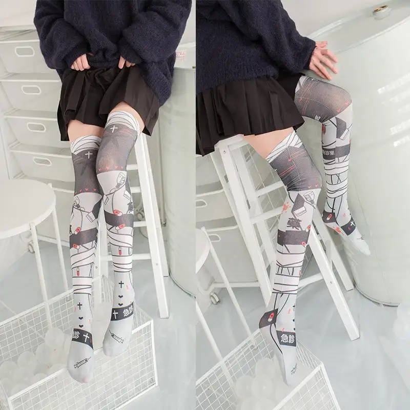 Bas longs gris en soie pour femme, bas Sexy japonais, imprimé en 3D, dessin animé, écolière, cadeau