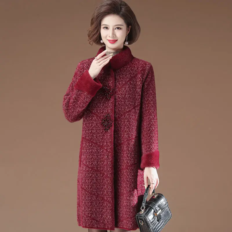 Quality Mink Fleece Jacket Autumn Winter Women's Cashmere Woolen Coat 5XL Thicked Warm Mother Top Elegant Wool Jacket W2344