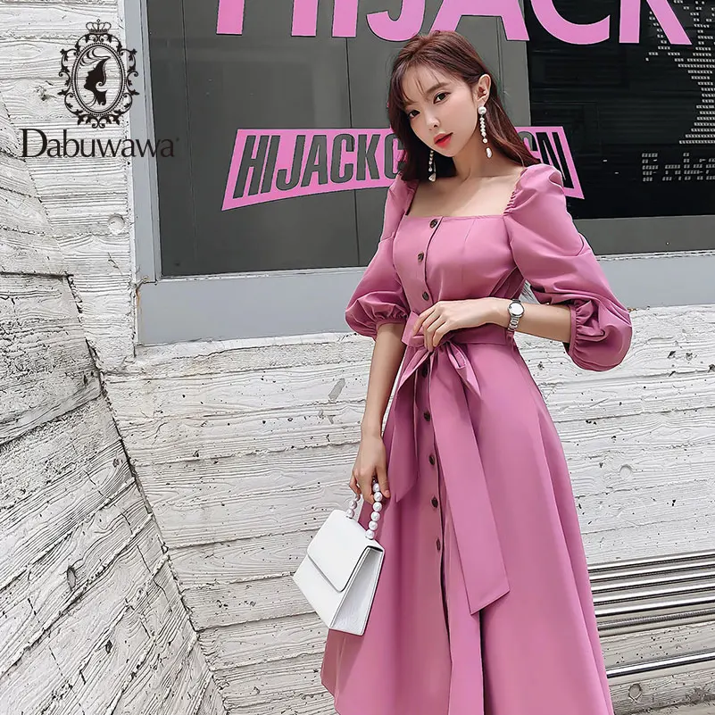 Dabuwawa Elegant Vintage Women Dress Early Autumn  Puff Sleeve Square Neck Ruffles Pink Dresses Casual Long Dress DO1ADR040