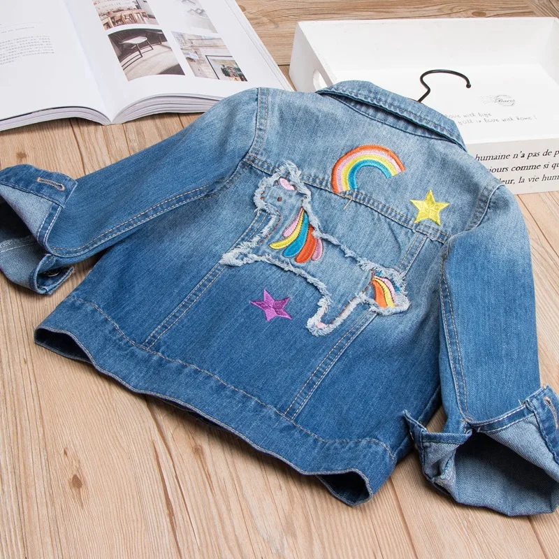 Cartoon Unicorn Embroidery Baby Girls Denim Coats Kids Jeans Jackets Toddlers Denim Jackets Children Outerwear Clothes