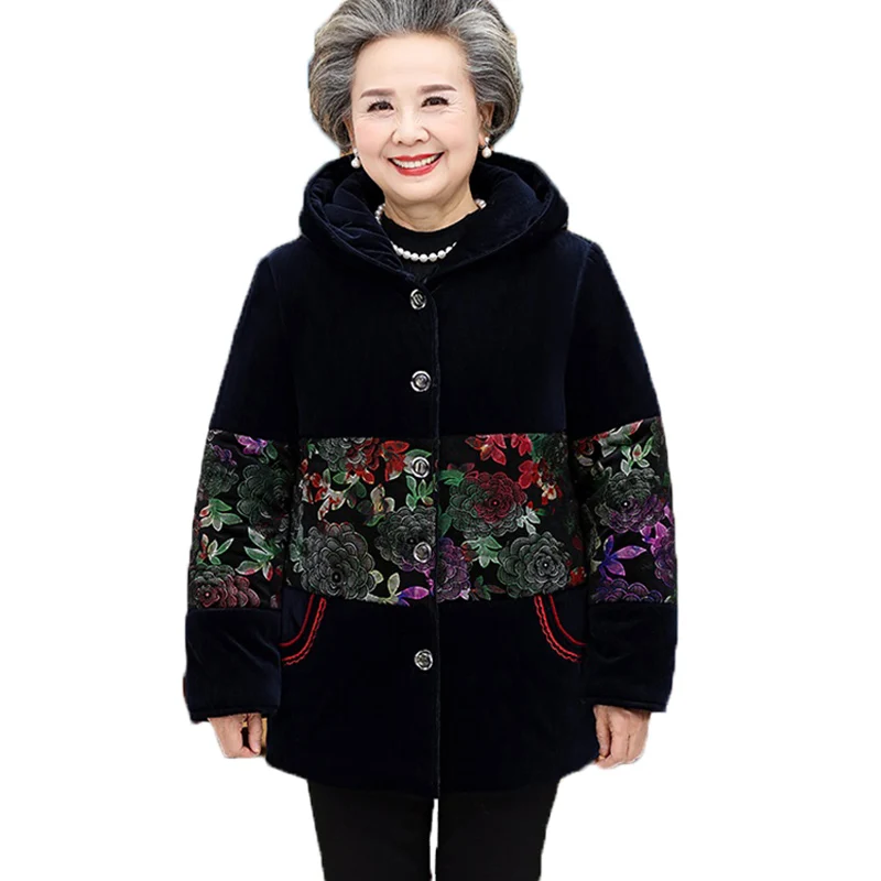 Middle-Aged Elderly Women's Cotton Coat Parkas 5XL Big Size Add Velvet Keep Warm Winter Outcoat Hooded Print Casual Jacket