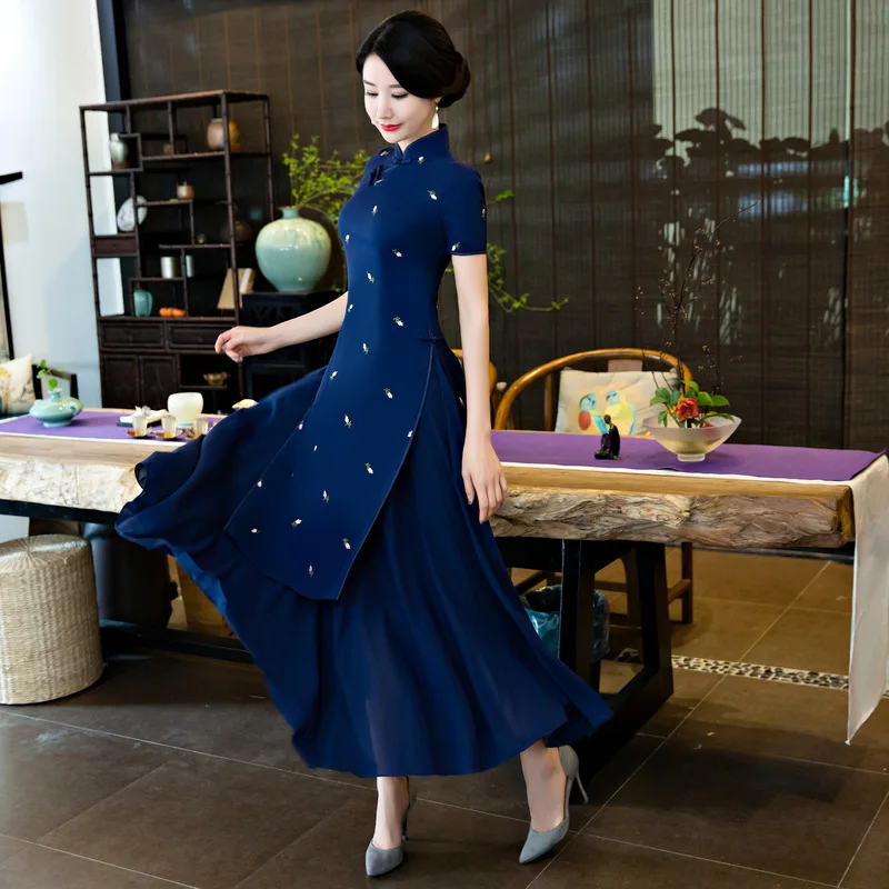 Navy Blue Cheongsam Long Section New Audrey Cheongsam EmbroideredDaily National Wind Retro Dress Slim Thin Female Size S-XXL