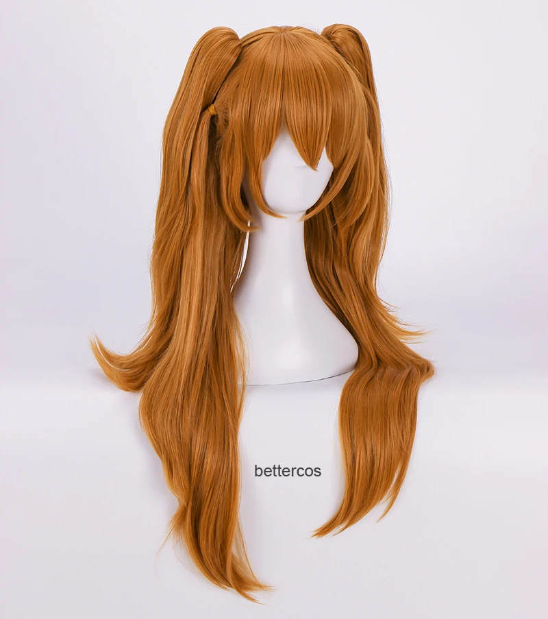 Hoge Kwaliteit Eva Asuka Langley Soryu Cosplay Pruiken Lange Oranje Met 2 Paardenstaart Clips Hittebestendige Synthetisch Haar Pruik + pruik Cap