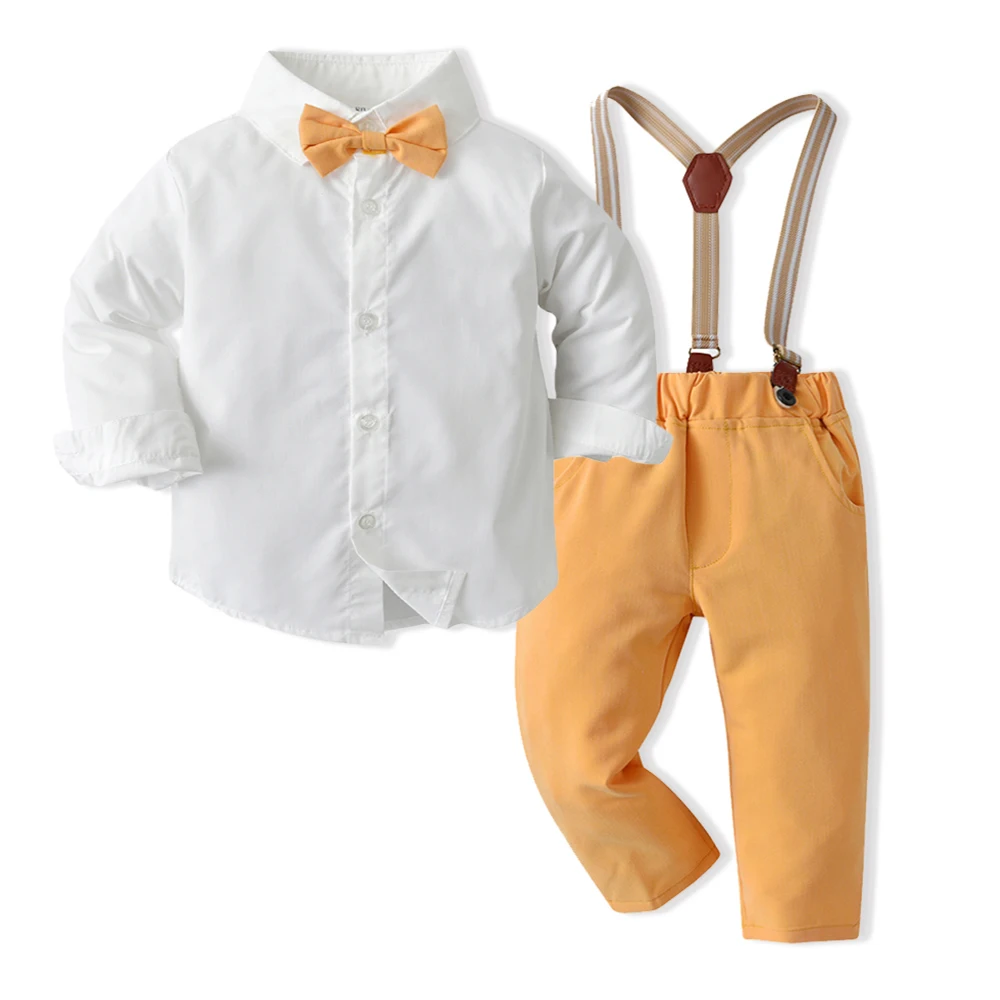 

top and top New Fashion Baby Boy Clothing Set Boys Gentleman Long Sleeve Shirts with Bow tie+Suspenders Pants Suits for Wedding