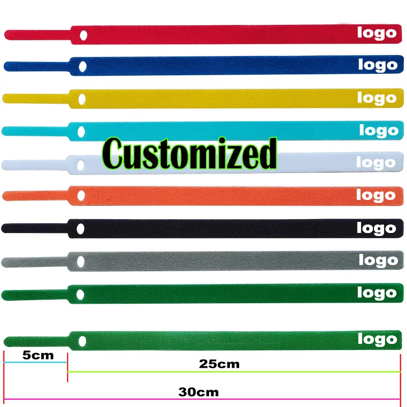 100PCS/LOT 300mm Personalized logo  cable ties Adhesive Fastener Tape  Hook Loop stick bulcker Belt Bundle Wire Line Strap cord