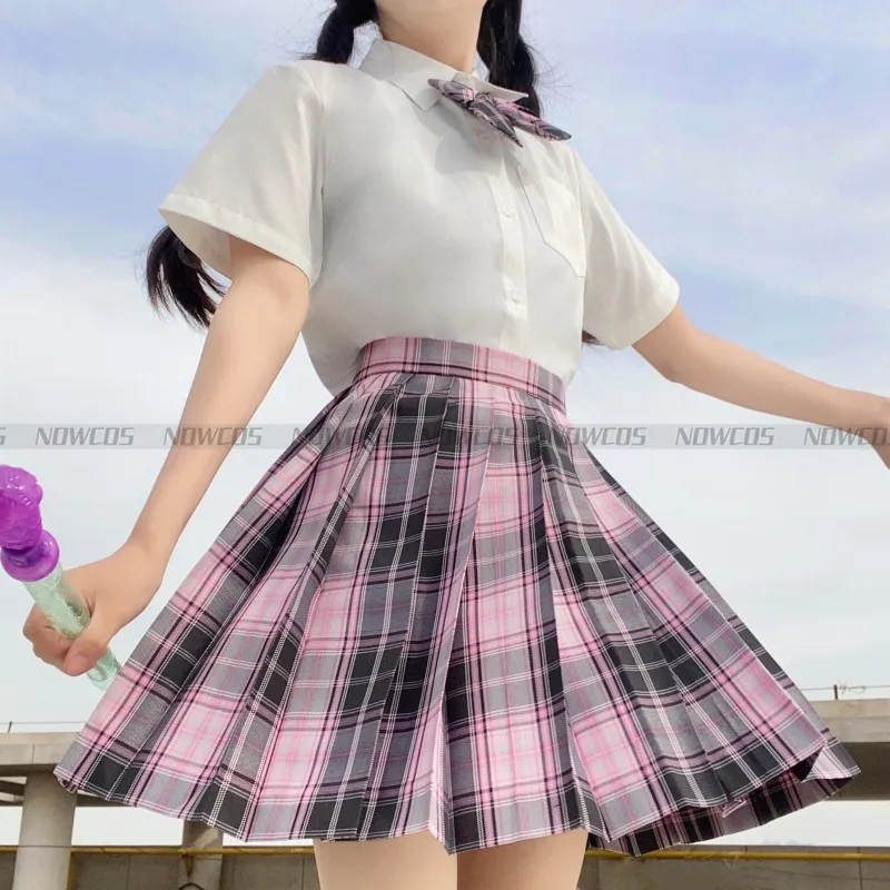 [Hot Girl] Girls Long/Short Sleeve High Waist Summer Pleated Skirts Plaid Skirts Women Dress For JK School Uniform Students