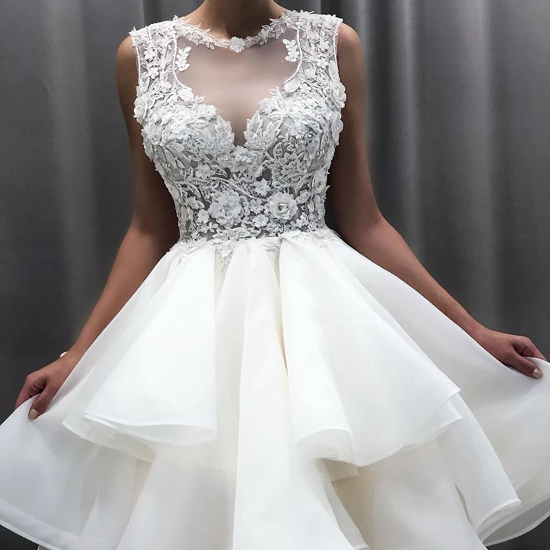 Lindo laço curto vestidos de casamento, até o joelho vestidos de noiva, o pescoço, sem mangas, cortar para trás, saia em camadas, novo, 2023