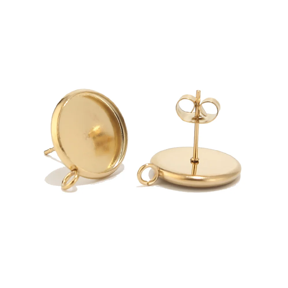 40pcs Wholesale Gold Earring Posts Studs Settings Bezels Cabochons Tacks with Loop 12mm Glue Pad Setting