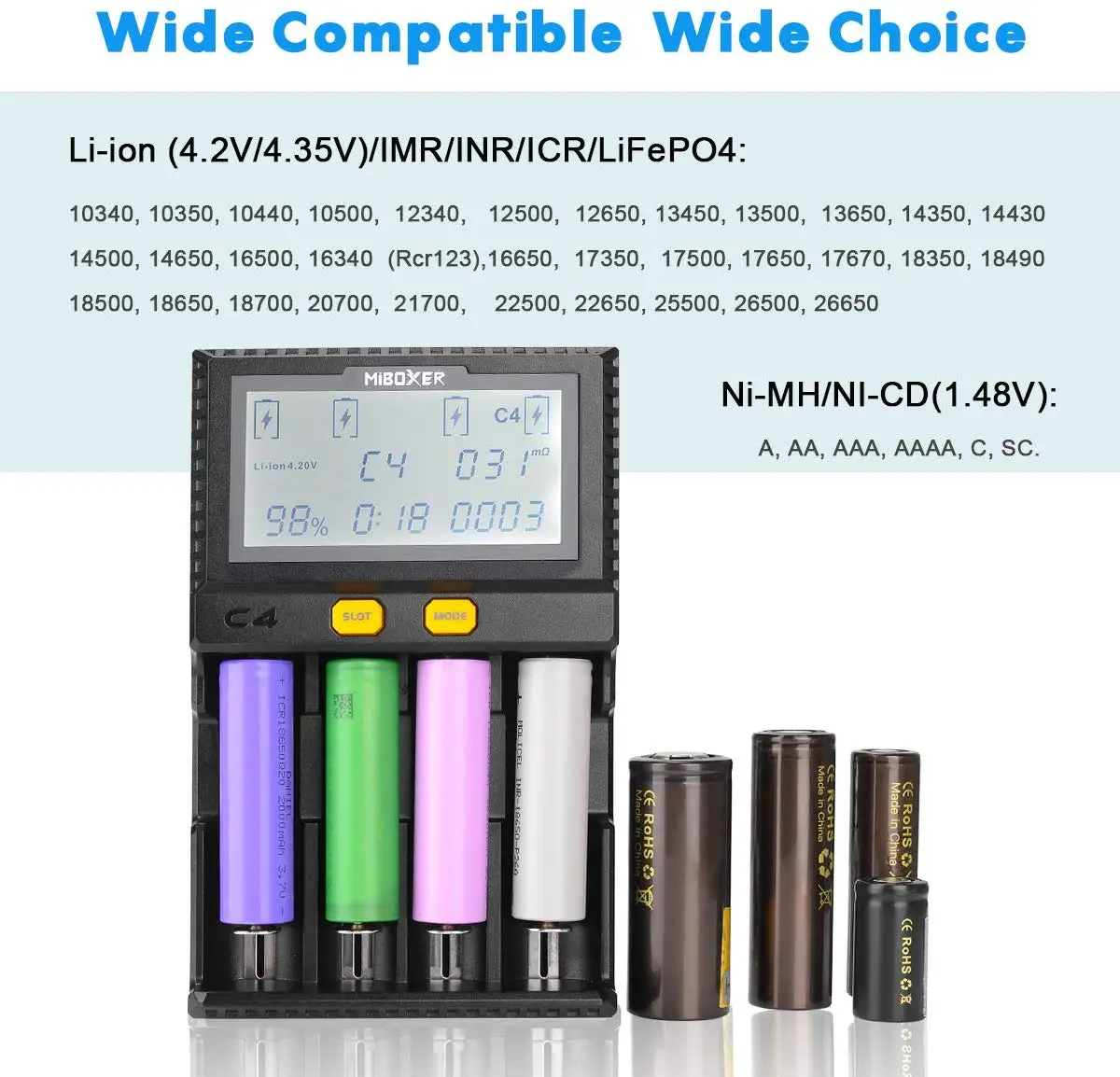 Miboxer C4 V4 LCD Smart Battery Charger Discharger With Car for Li-ion/IMR/INR/ICR/LiFePO4 18650 14500 26650 100-800mah AA AAA