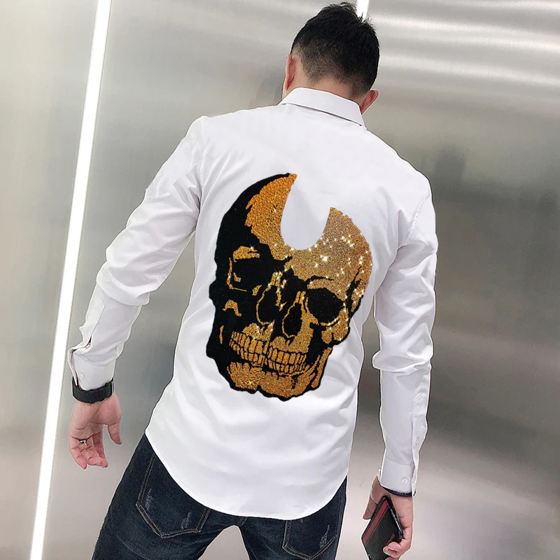 

The New Rhinestone Style Skull T-Shirt Autumn Men's All-Match Lapel Long-Sleeved Business Hot Diamond Solid Color