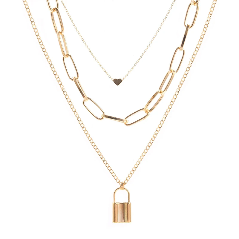 

Customized Name Lock Necklace Hiphop Stainless Steel Personalized Heart Shaped Engraved 3 Layers Pendant Necklaces For Women
