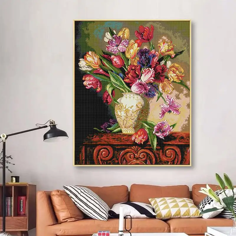 Tulip vase Cross stitch kits Oil painting flower pattern 14CT 11CT count embroidery set DIY needlework Home decoration painting