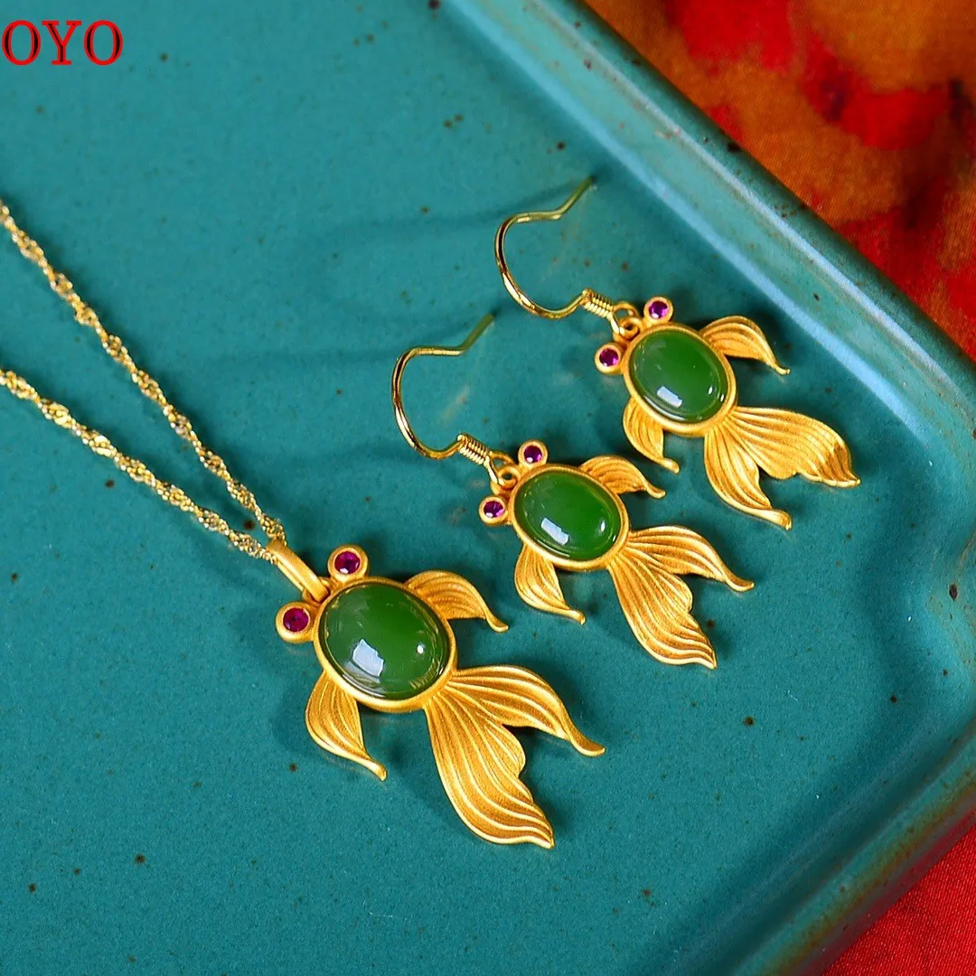 925 silver green jasper small goldfish pendant and earrings