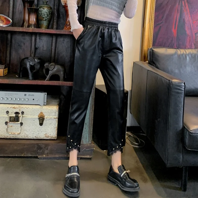 

Pants Women Genuine Leather Harem Pants Elastic High Waist Rivets Irregular Pencil Pants Large Size Female Sheepskin Trousers