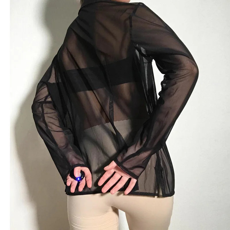 Ladies Sexy Solid Color Mesh Single-breasted Lapel See-through Long-sleeved Shirt Female 2022 Spring New T-shirt Women Shirts