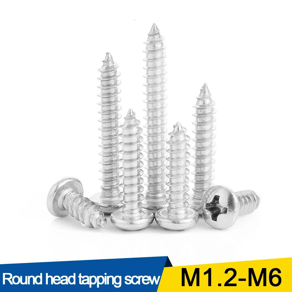 10/55pcs Cross Recessed Round Head Tapping Screw M1.2 M1.4 M1.7 M2 M2.3 M2.6 M3 M3.5 M4 M4.2 M5 M6 Stainless Steel  Wood Screw