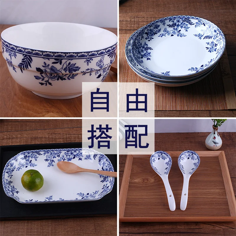 European blue and white porcelain plate bowl tableware household Chinese ceramic dish soup plate large size fish plate rice bowl