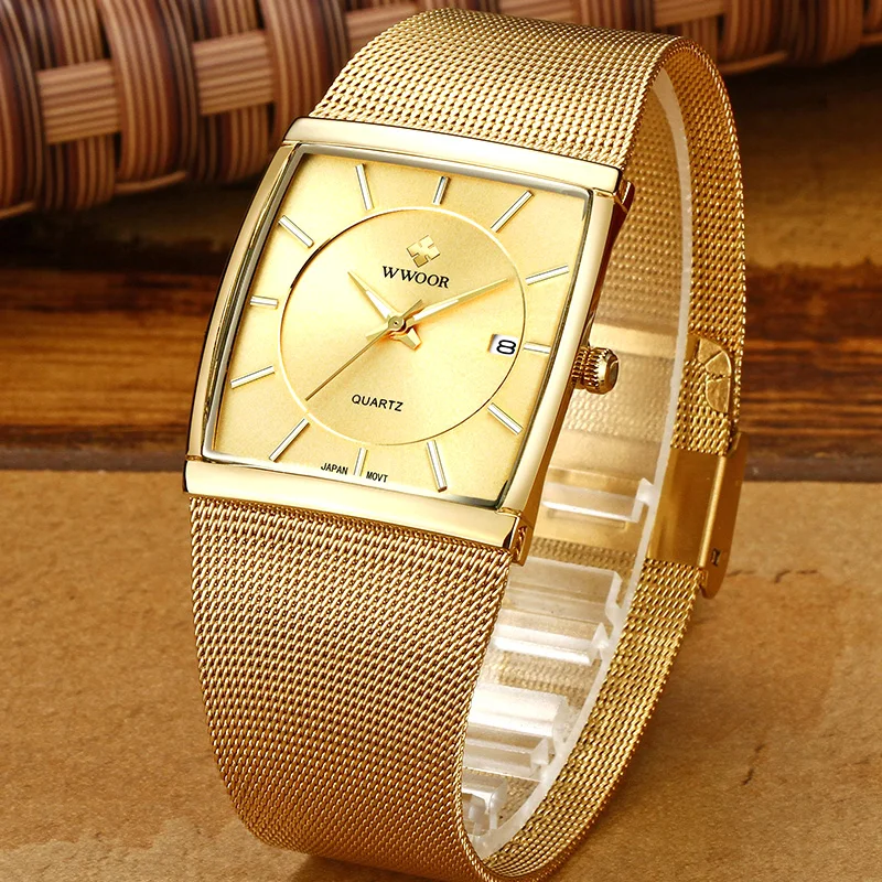 WWOOR Luxury Gold Watch Men Square Japan Quartz Slim Steel Mesh Waterproof Sports Automatic Date Wrist Watches Relogio Masculino