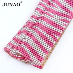 JUNAO 24x40cm Rose Glass Crystal Rhinestone Mesh Hotfix Strass Applique Crystal Ribbon Trim Decoration Sticker Sheet