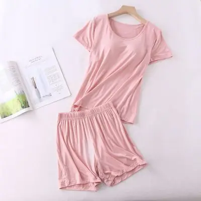 Pijama de algodón Modal para mujer, Conjunto de pijama de manga corta con almohadilla para el pecho, pantalones cortos sueltos de Copa con sujetador