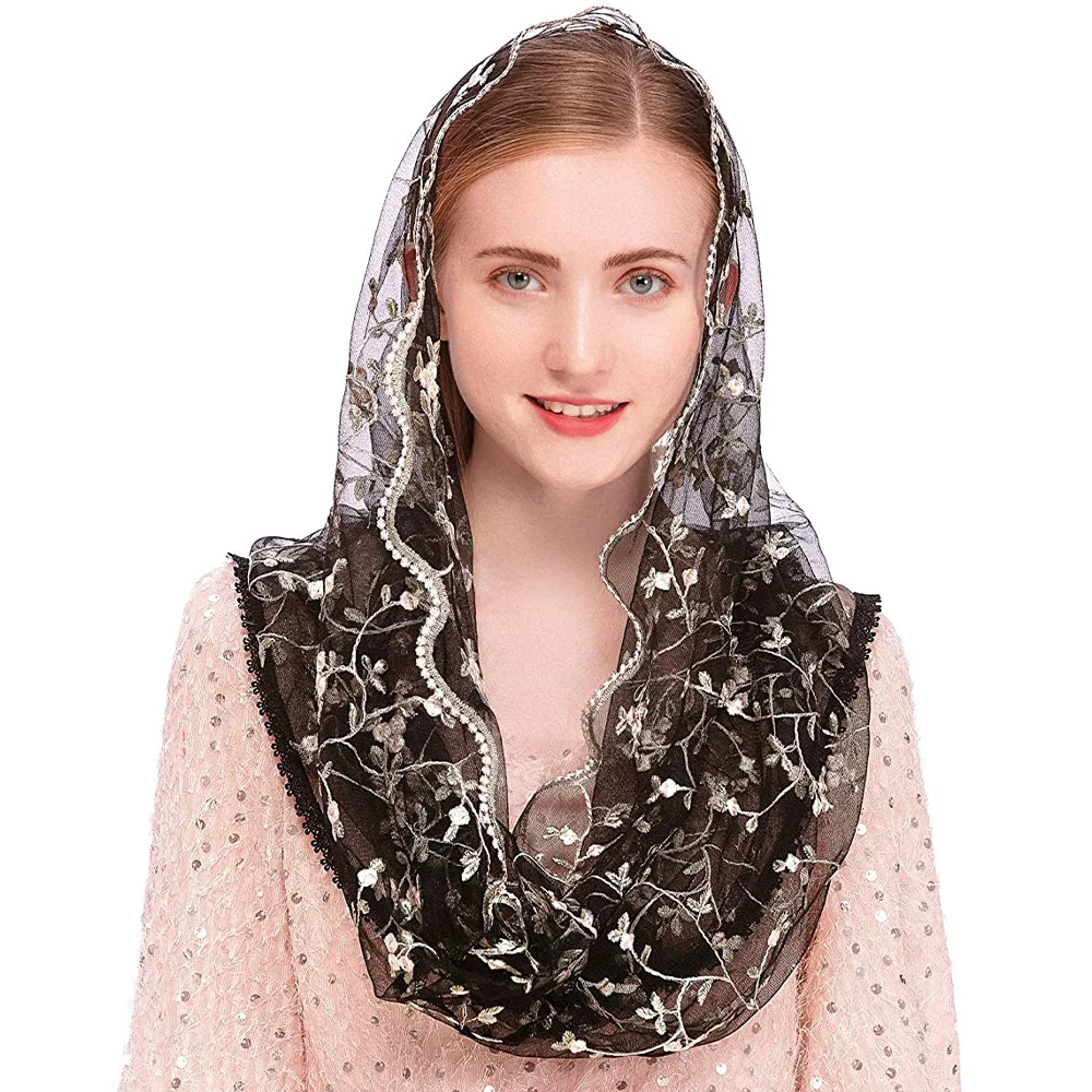 Women Chapel Veils Lady Mantilla Infinity Veil Latin Mass Little Floral Soft Embroidered Lace Head Covering Scarf for Bride